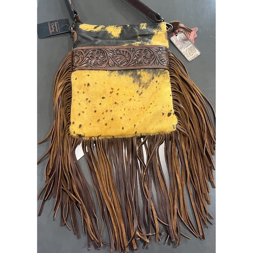 American Darling Hand Tooled Leather Purse Crossbody‎ Yellow Brown Fringe Bag
